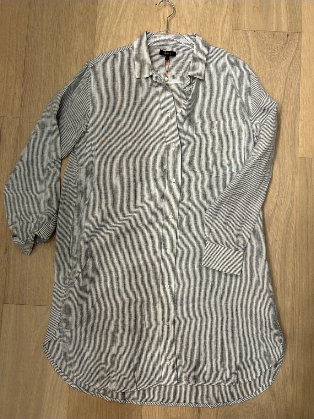 QUINCE | Striped Button-Up Shirt Dress in Light Blue and White